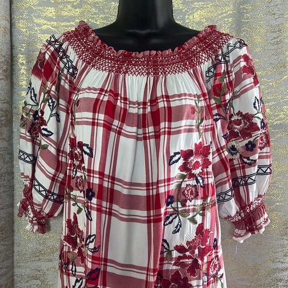 Zara Red Check Dress With Floral Embroidery Off Shoulder Dress Size S - Picture 7 of 17